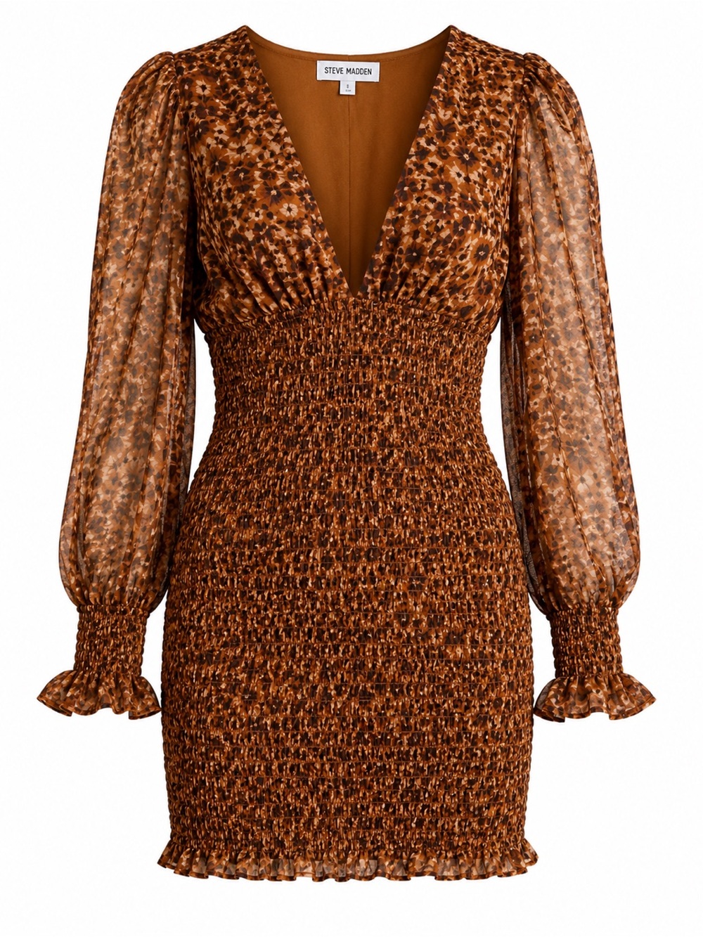 31. Steve Madden Brown Smocked V-Neck Mini Dress with Sheer Long Sleeves